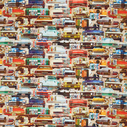 Historic Highway - Retro Cars and License Plates Multi Yardage