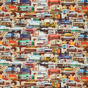 Historic Highway - Retro Cars and License Plates Multi Yardage