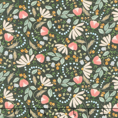 Nature's Symphony - Mixed Flowers Black Yardage