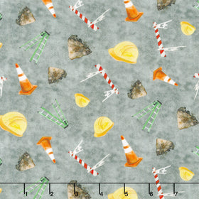 Let's Get Building - Construction Hat, Traffic Cones and Ladders Dark Grey Yardage