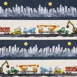Let's Get Building - Construction Equipment and Cityscape Border Stripe Grey/Peach Yardage