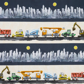 Let's Get Building - Construction Equipment and Cityscape Border Stripe Grey/Peach Yardage