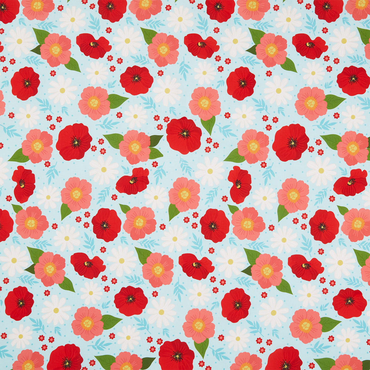 The Bright Side - Daisy and Poppy Flowers Turquoise Yardage