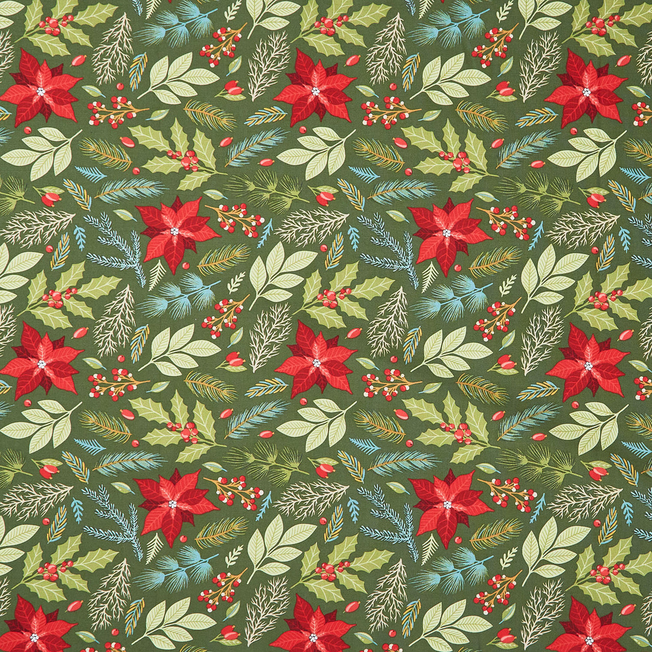 Holly Jolly Calico - Poinsettia Floral Evergreen Yardage