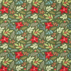 Holly Jolly Calico - Poinsettia Floral Evergreen Yardage