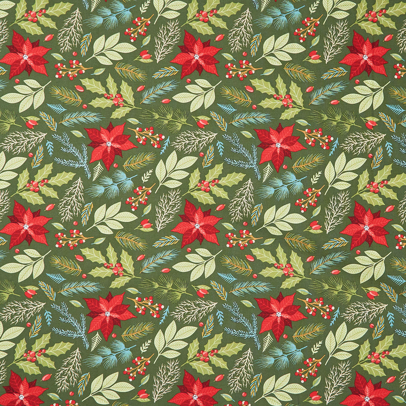Holly Jolly Calico - Poinsettia Floral Evergreen Yardage