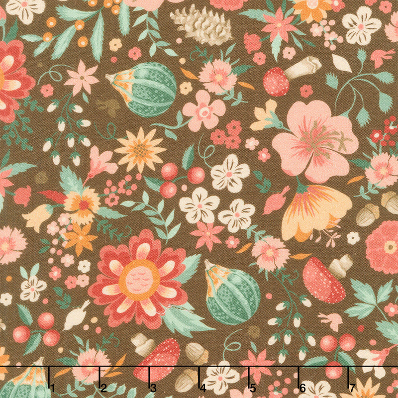 Maple and Marigolds - Flowers with Acorns & Mushrooms Cocoa Yardage