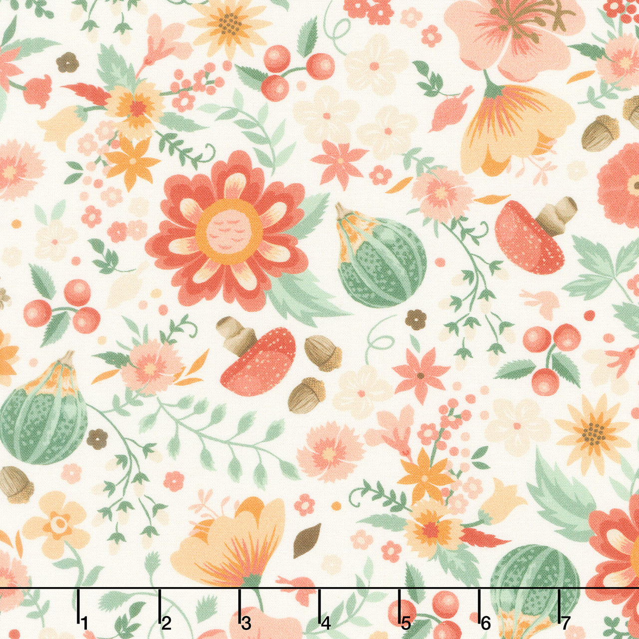 Maple and Marigolds - Flowers with Acorns & Mushrooms Ivory Yardage