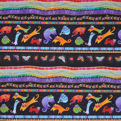 Fantasticats - Cats Pictorial Stripe Black Metallic Yardage