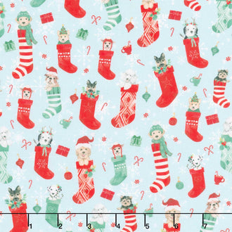 Santa Paws - Stockings Light Blue Yardage