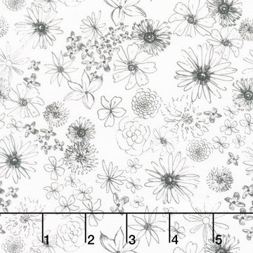 Sunset Meadow - Floral Linework White Yardage