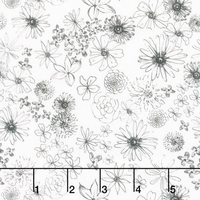 Sunset Meadow - Floral Linework White Yardage