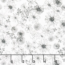 Sunset Meadow - Floral Linework White Yardage