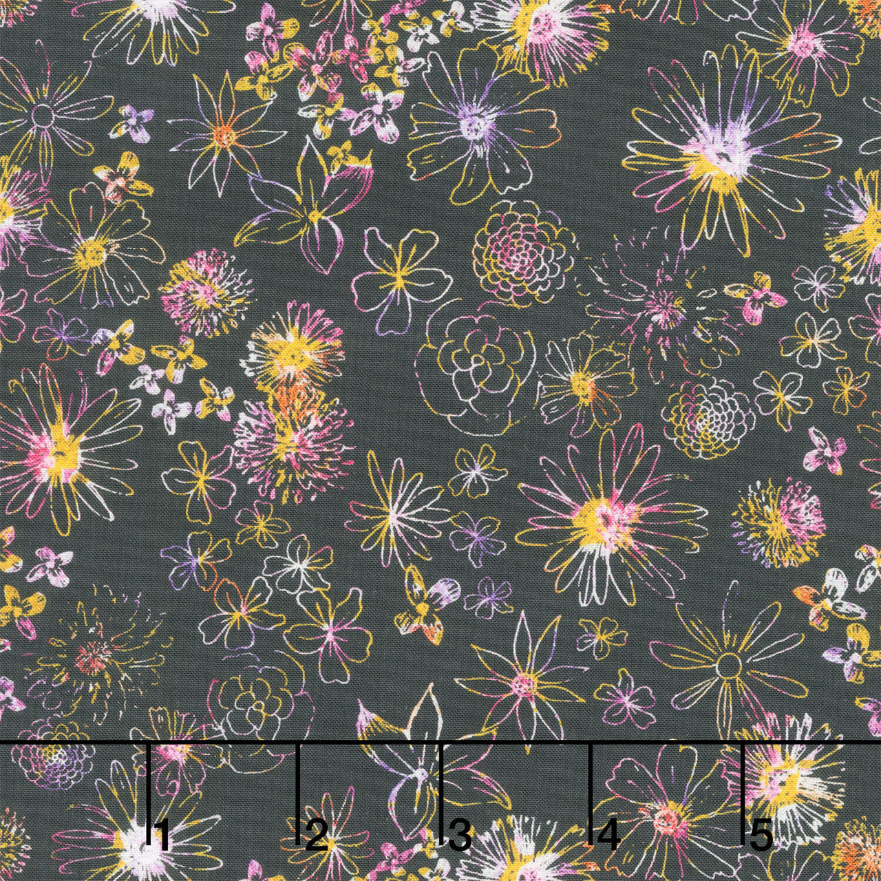 Sunset Meadow - Floral Linework Black Yardage