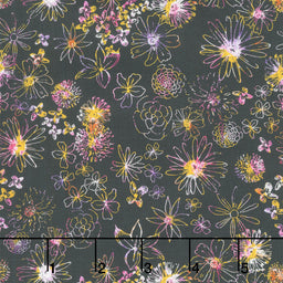 Sunset Meadow - Floral Linework Black Yardage