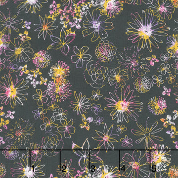 Sunset Meadow - Floral Linework Black Yardage