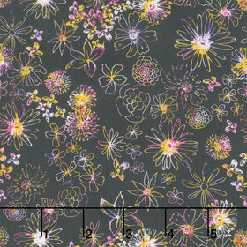 Sunset Meadow - Floral Linework Black Yardage