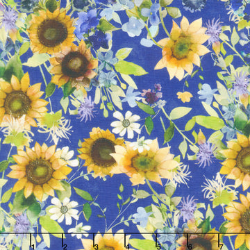 Sunflower Song - Bouquets Dark Periwinkle Digitally Printed Yardage