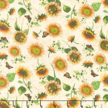Sunflower Song - Butterfly Floral Cream Digitally Printed Yardage