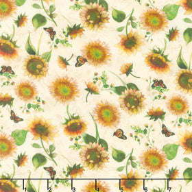 Sunflower Song - Butterfly Floral Cream Digitally Printed Yardage