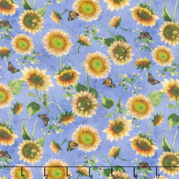 Sunflower Song - Butterfly Floral Light Periwinkle Digitally Printed Yardage