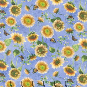 Sunflower Song - Butterfly Floral Light Periwinkle Digitally Printed Yardage