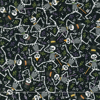 Spooky Cute Halloween - Dancing Skeletons Black Yardage
