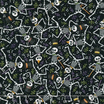 Spooky Cute Halloween - Dancing Skeletons Black Yardage