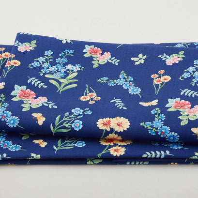 Enchanted Forest - Tossed Flowers Blue 2 Yard Cut