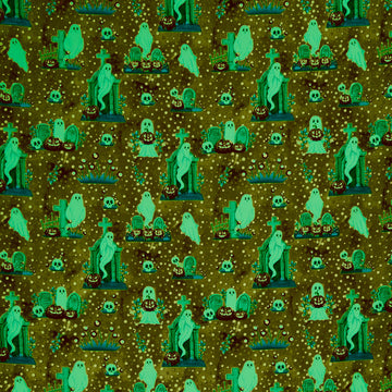 Ghosts in the Graveyard - Allover Ghosts, Pumpkins and Skulls Glow Orange Yardage