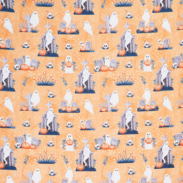 Ghosts in the Graveyard - Allover Ghosts, Pumpkins and Skulls Glow Orange Yardage