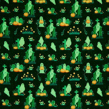 Ghosts in the Graveyard - Allover Ghosts, Pumpkins and Skulls Glow Black Yardage