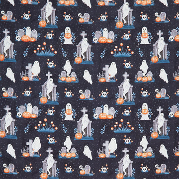 Ghosts in the Graveyard - Allover Ghosts, Pumpkins and Skulls Glow Black Yardage