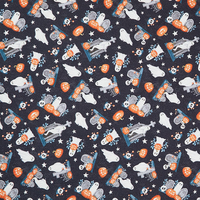 Ghosts in the Graveyard - Tossed Ghosts Glow Black Yardage