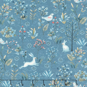 Norwegian Forest - Frolicking Bunnies Medium Blue Yardage