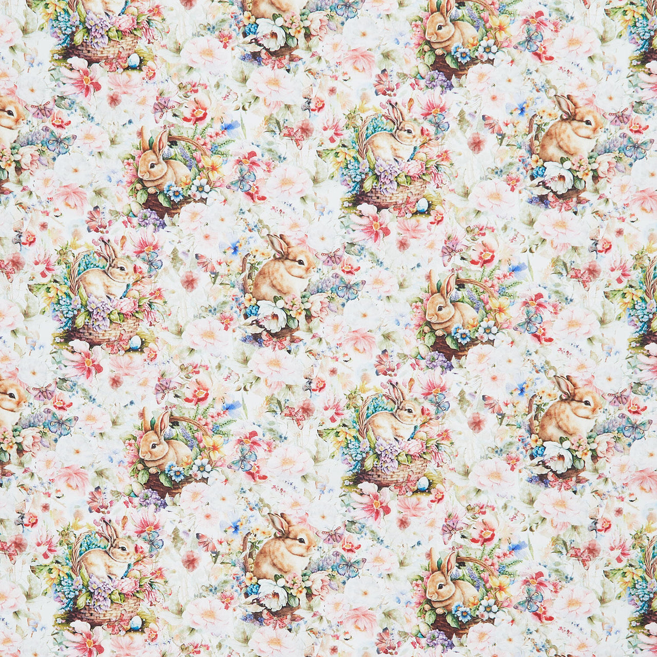 Basket Full of Blessings - Packed Floral and Bunnies White Yardage