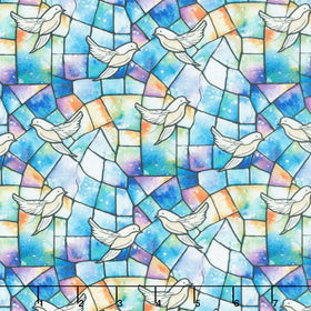 Faith in Full Color - Doves On Stained Glass Turquoise/Multi Yardage