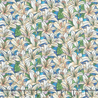 Faith in Full Color - Packed Lillies Turquoise White Yardage
