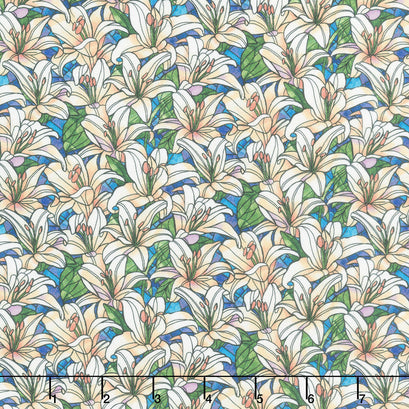 Faith in Full Color - Packed Lillies Turquoise White Yardage