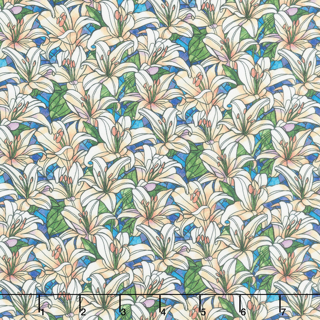 Faith in Full Color - Packed Lillies Turquoise White Yardage