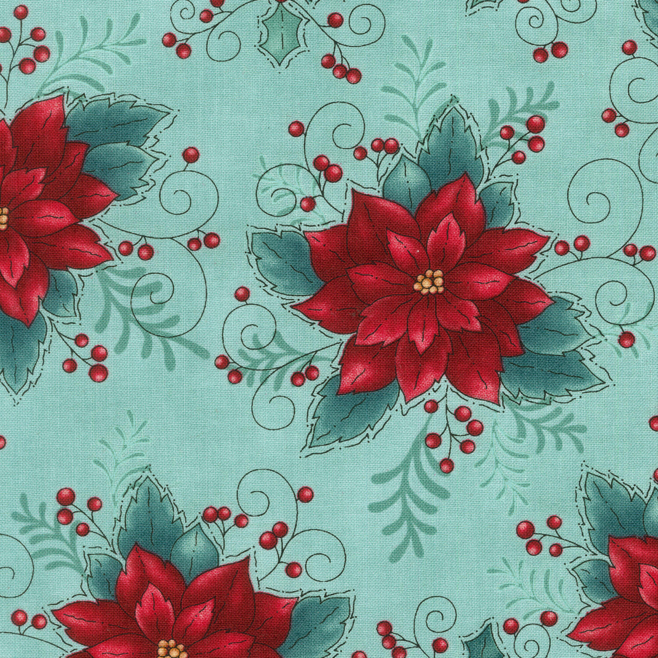 Gifts of Gratitude - Poinsettias Toss Light Teal Yardage