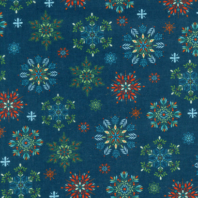Nordic Holiday Village - Snowflakes Blue Multi Yardage
