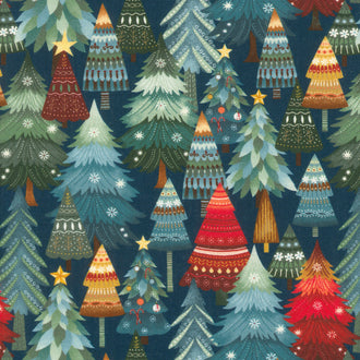 Nordic Holiday Village - Stacked Trees Dark Blue Yardage