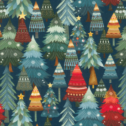 Nordic Holiday Village - Stacked Trees Dark Blue Yardage