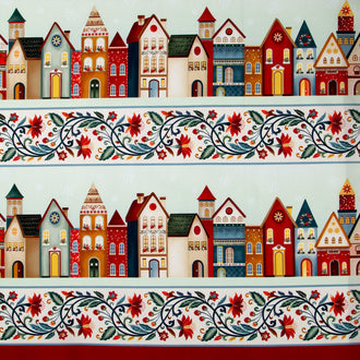Nordic Holiday Village - Border Stripe Cream Multi Yardage