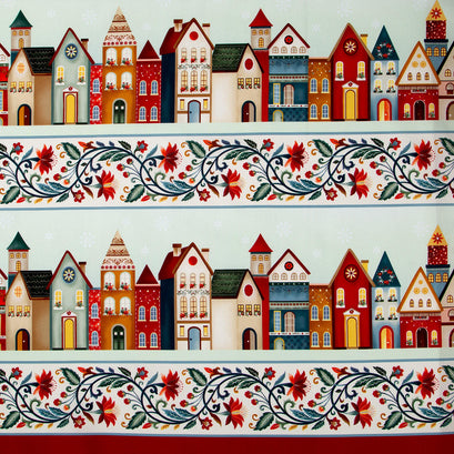 Nordic Holiday Village - Border Stripe Cream Multi Yardage