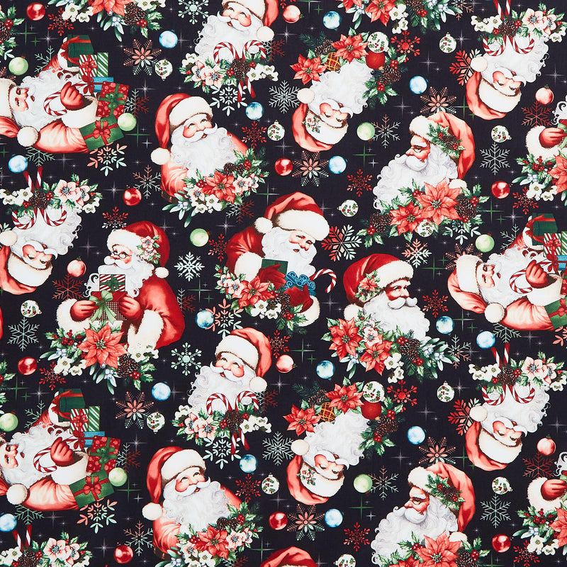 Sweet Christmas Memories - Santa Toss Black Digitally Printed Yardage
