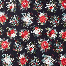 Sweet Christmas Memories - Holiday Flower Toss Black Digitally Printed Yardage