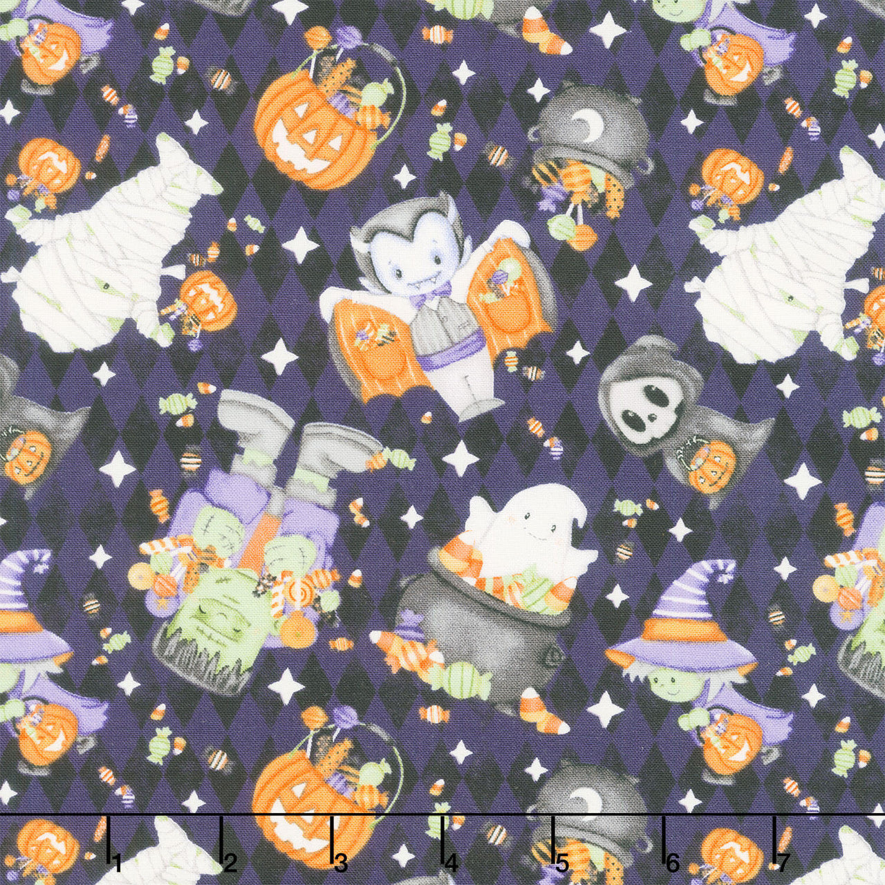 Moonlight Mischief - Tossed Motifs Glow In the Dark Dark Purple Yardage