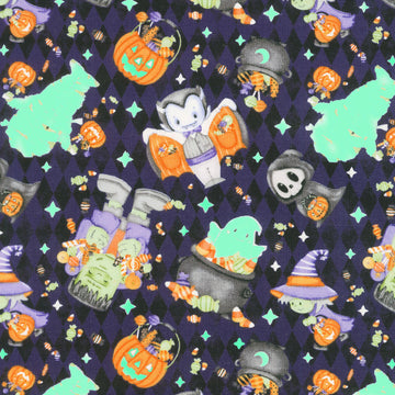 Moonlight Mischief - Tossed Motifs Glow In the Dark Dark Purple Yardage